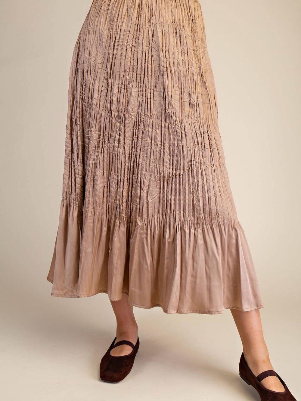 Pleated Ruffle Hem Midi Skirt - Beige